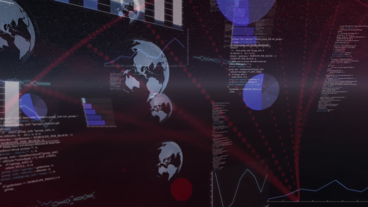 Animation of globes, programming language, bar graph over red dots forming abstract pattern