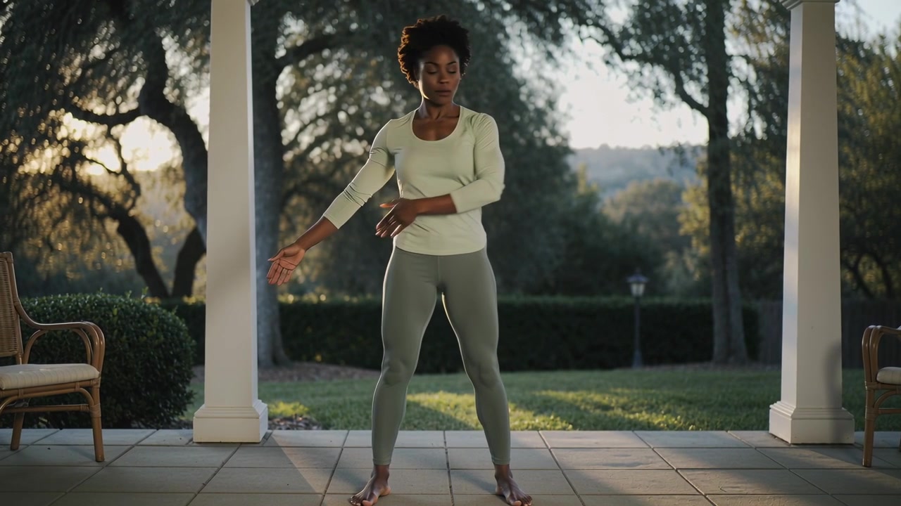 Donna che respira ruotando e muovendo le braccia su un portico piastrellato, in top e leggings, a piedi nudi per mantenere l'equilibrio