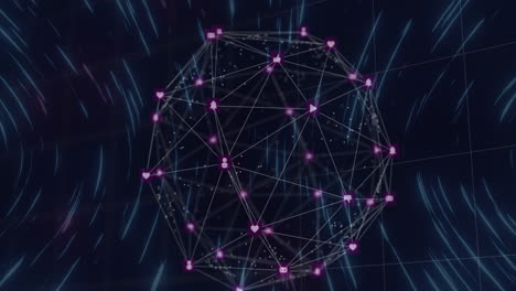 globe of network of connections against moving light trails on black background