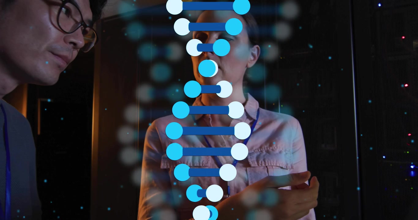 Woman with laptop pointing at screen, causing AR DNA helix emerging over laptop for biotech review