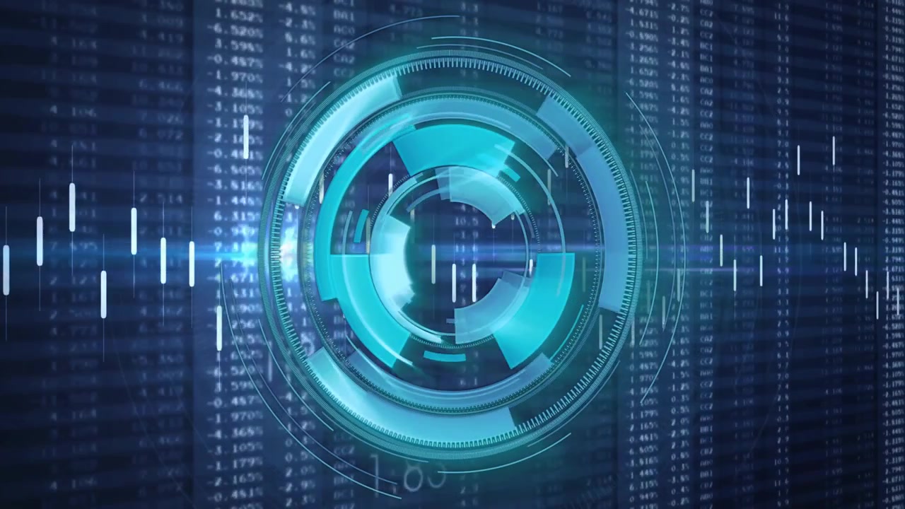 Numeric columns scrolling initiating layered disc rings rotating and pulsing showing data flow