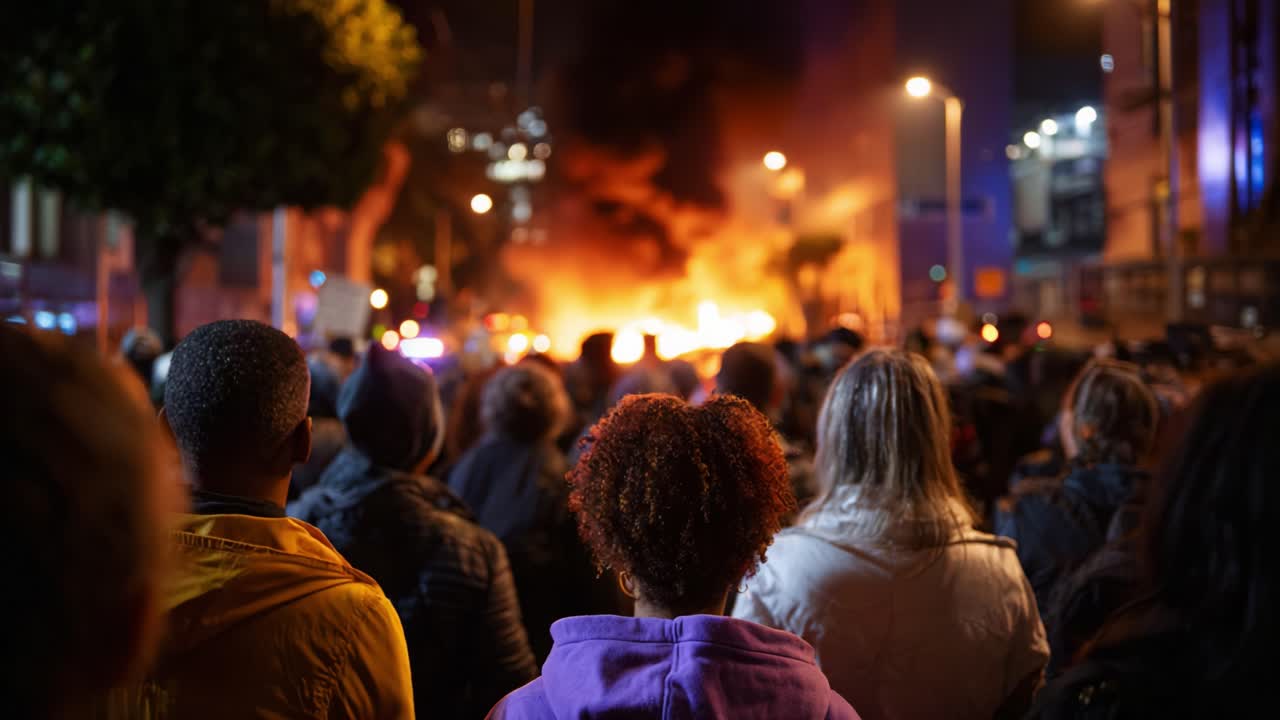 Una scena affollata che assiste a un incidente infuocato in un ambiente urbano, illuminata da fiamme e luci di emergenza, che cattura la tensione e le emozioni degli spettatori