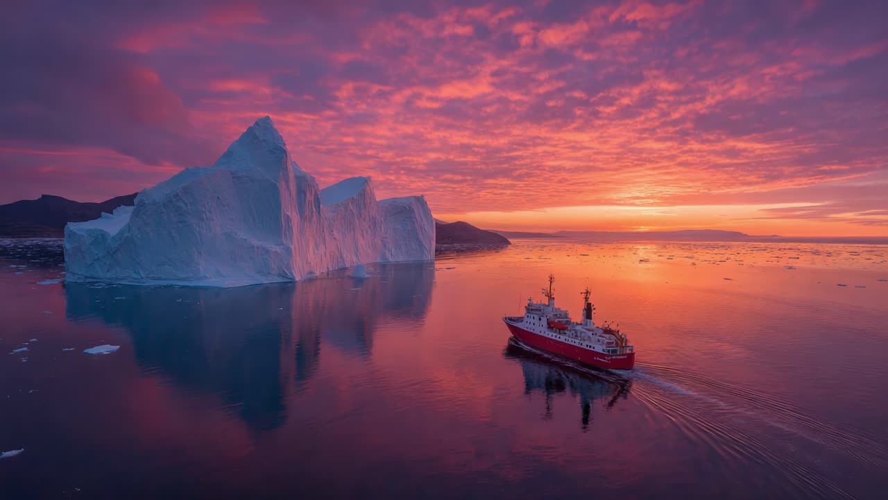 A breathtaking view of an icebreaker navigating through contrasting hues of sunset, with magnificent icebergs reflecting beautifully on tranquil waters
