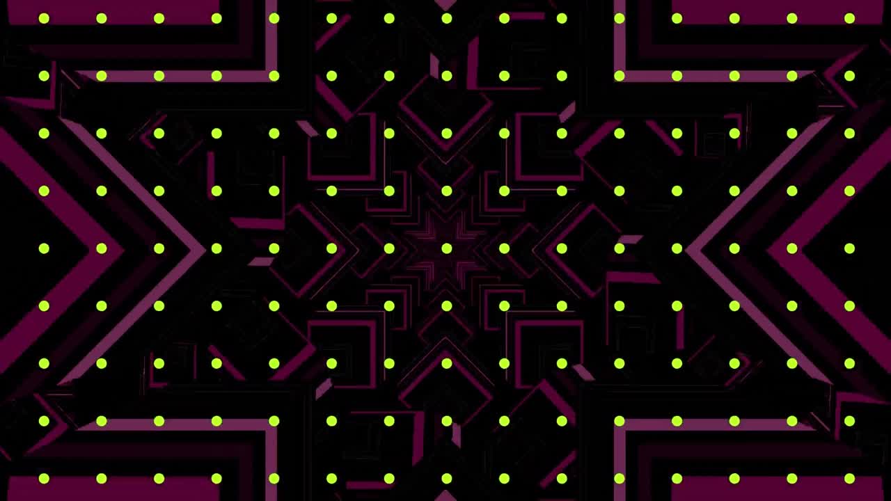 Animation of pink stars moving over grid of pulsating yellow dots, on black background