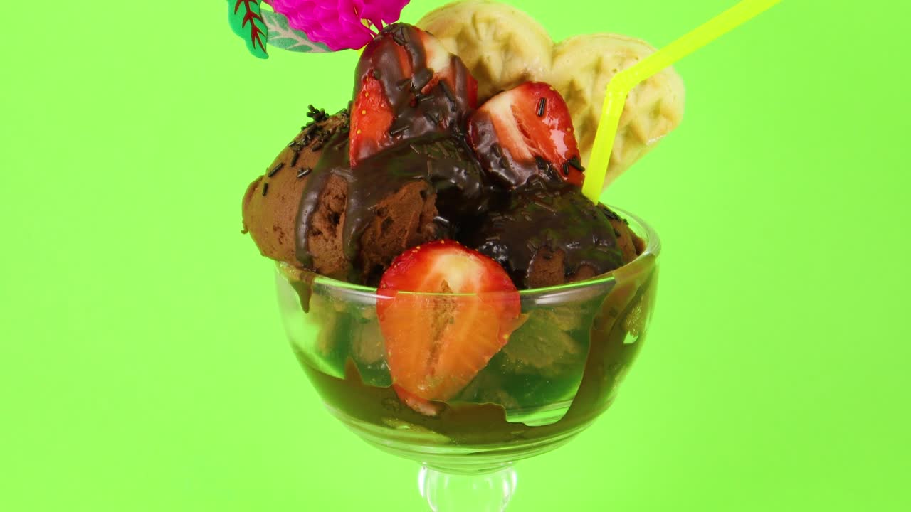 cerrar el helado de chocolate para el desierto con fresas y waffles en la pantalla verde