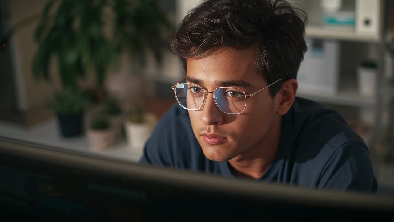 Leaning man in navy shirt focusing at desk as monitor showing code reflecting on glasses smiling