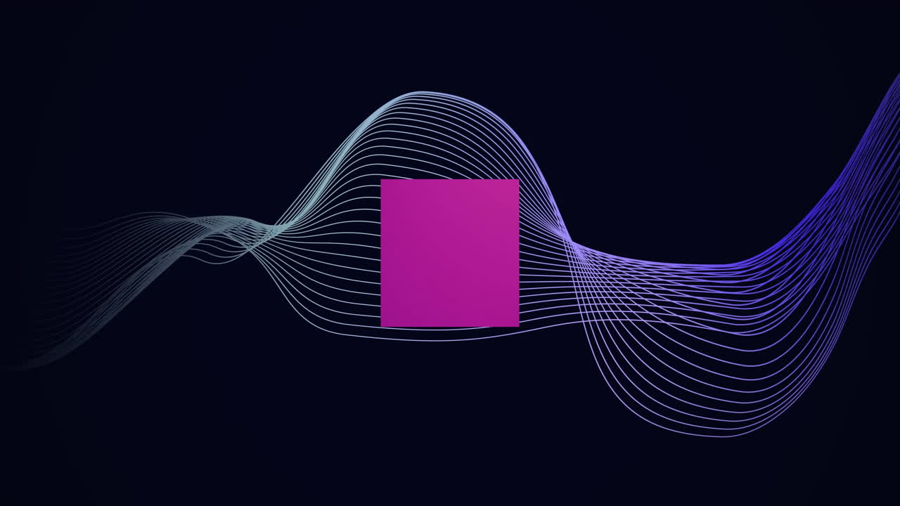 Animation of purple cube and waving layers on black background