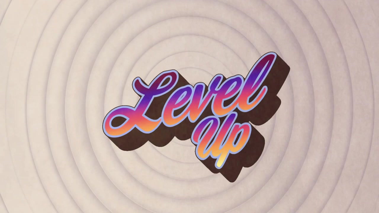 3D Level Up text being animated on beige surface with grooves, showing retro gradient drop shadow