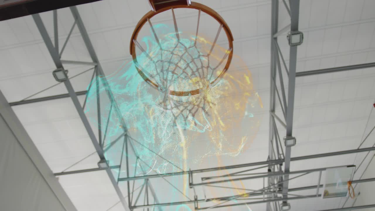 Sports energy swirl fueling male athlete dunking basketball through transparent backboard