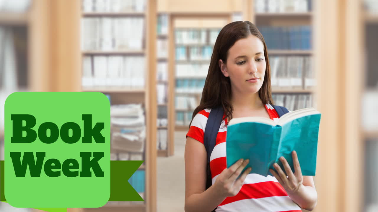 animación del texto de la semana del libro sobre una estudiante caucásica leyendo un libro en la biblioteca