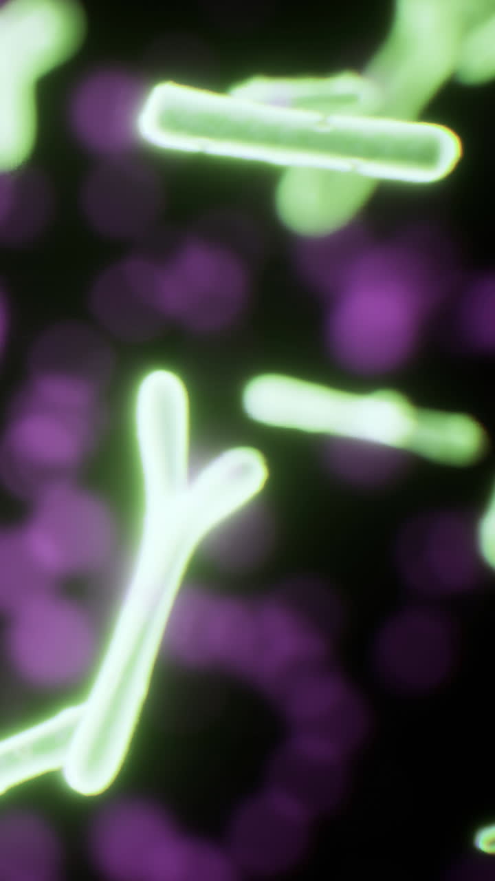 Batteri di un verde brillante in un ambiente scuro sotto un microscopio.