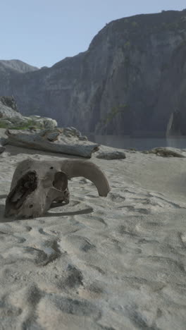 a skull on a sandy beach with a mountain range in the background