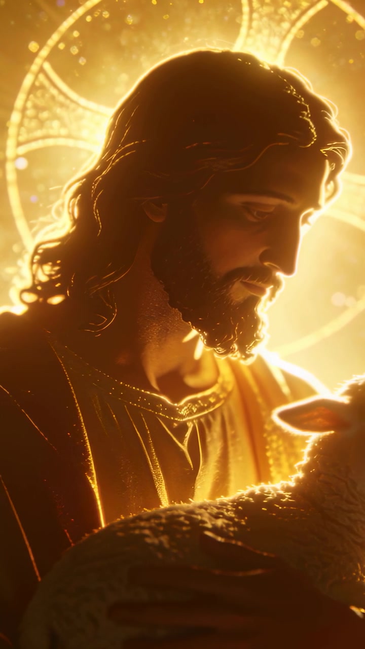 Video verticale: Uomo in veste dorata che culla un agnello, calmandolo, mentre la luce di contorno sale sull'altare, con un'aureola che brilla.