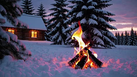 Cozy winter scene with a low-angle view of a campfire in snowy woods, a log cabin in the background