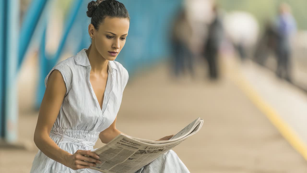 A Thoughtful Woman Engrossed in Reading a Newspaper While Waiting at a Train Station, Capturing a Moment of Reflection Amidst the Busy Environment