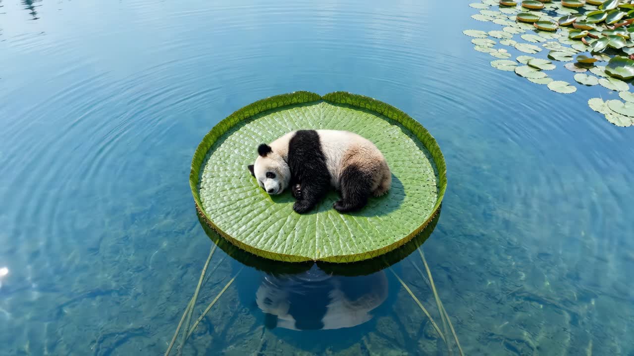 Adorabile cucciolo di panda che dorme serenamente su una gigantesca ninfea.