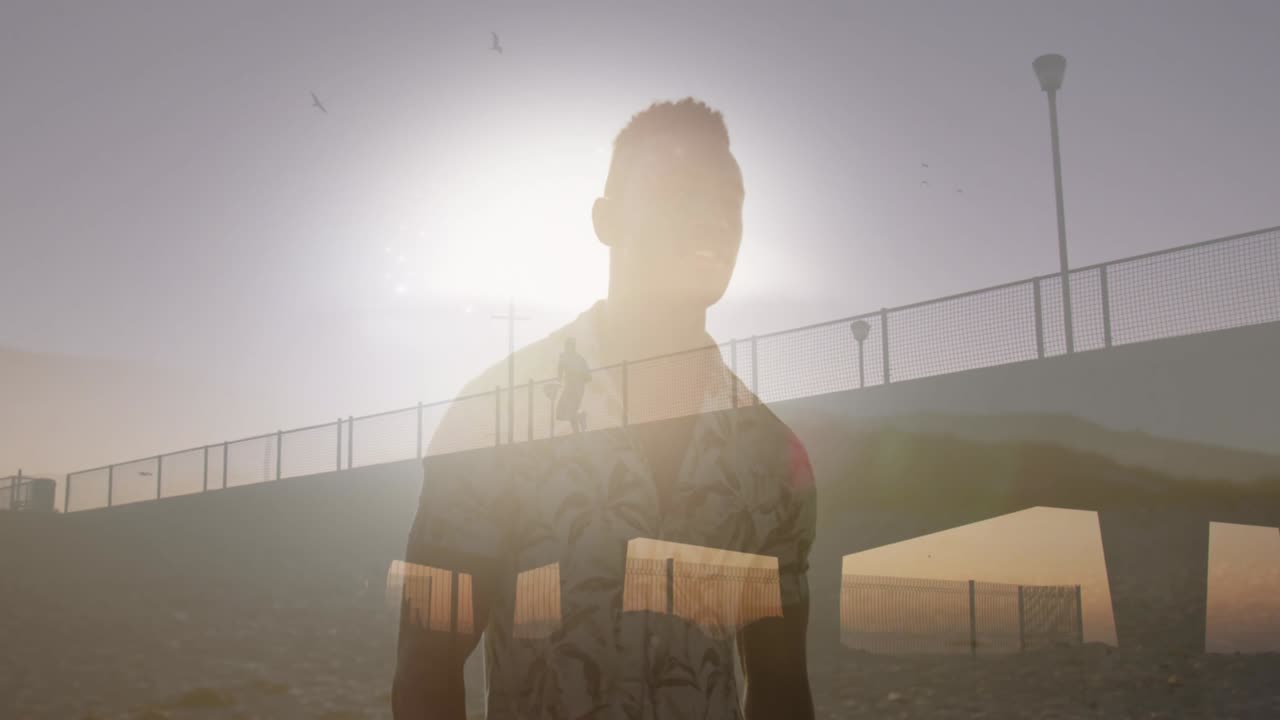 animación de un hombre afroamericano en la playa sobre el puente