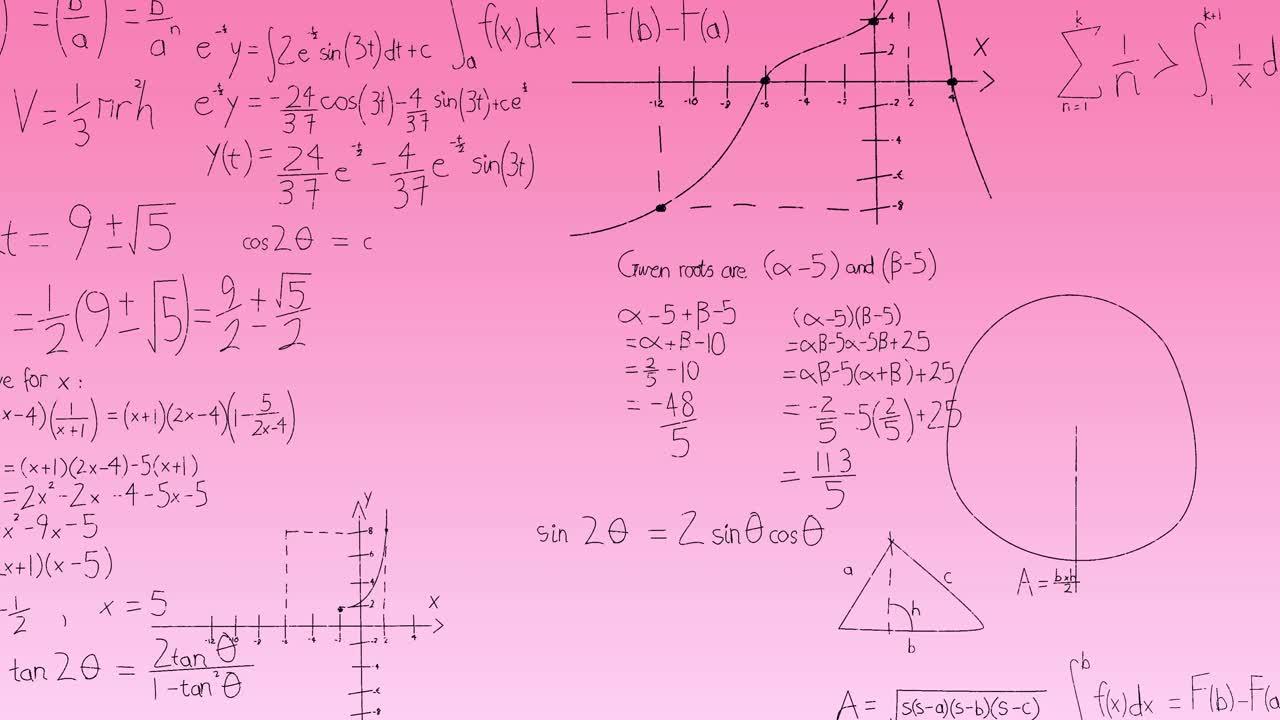 animación de ecuaciones matemáticas y diagramas flotando contra un fondo de gradiente rosa