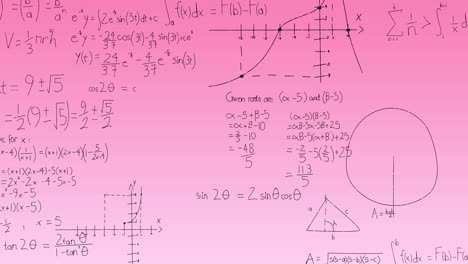 animación de ecuaciones matemáticas y diagramas flotando contra un fondo de gradiente rosa