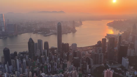 aerial view of hong kong skyline at golden hour featuring ifc and icc towers, symbolizing global finance, modern architecture, and a vibrant hub for travel and business