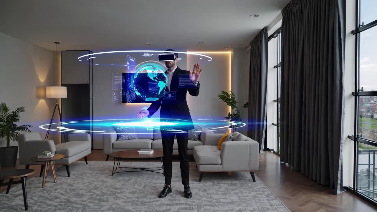 Futuristic video concept with a man interacting with holographic displays in a modern living room