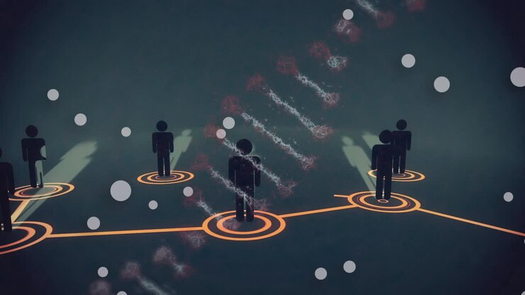 Animation af roterende DNA-streng med personikoner og netværk af forbindelser