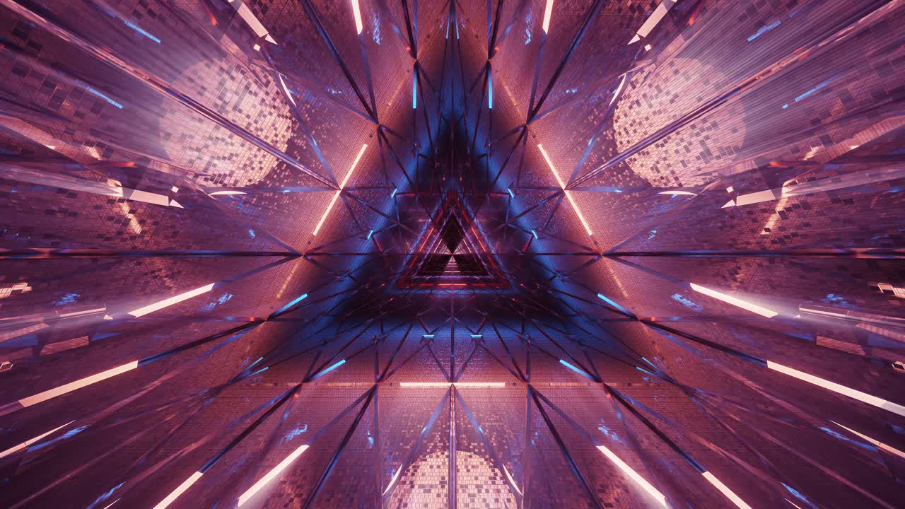 volando en un túnel triangular con partículas de luz de neón fluyendo, interior de nave espacial de ciencia ficción, corredor de tecnología futurista vj sin fisuras para títulos tecnológicos y antecedentes