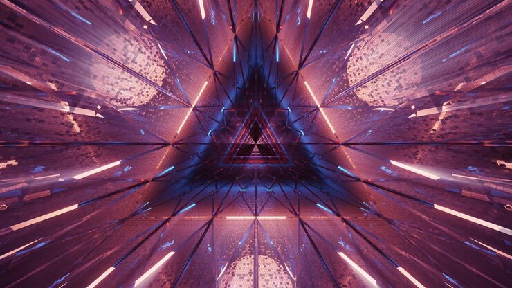 Flying into triangular tunnel with neon light particles flowing, sci-fi spaceship interior, futuristic technology corridor seamless VJ for tech titles and background