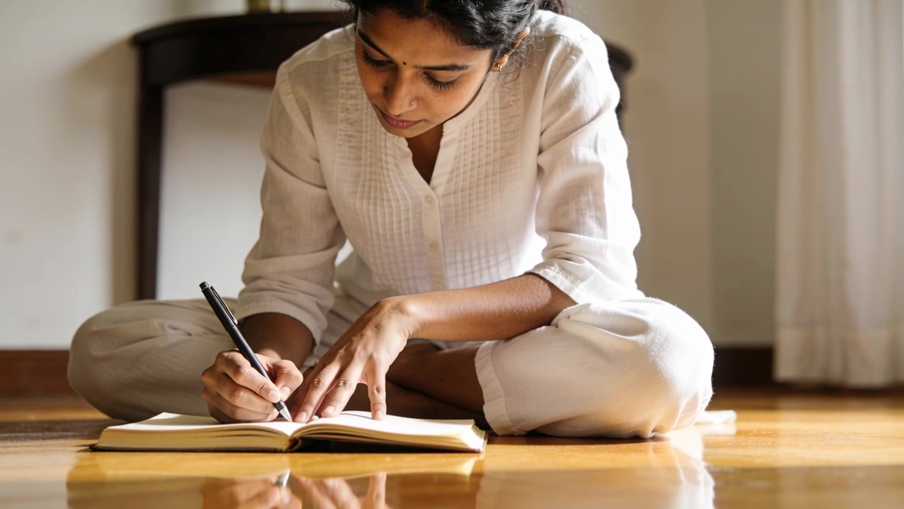 Placing hand, woman in kurta writing on notebook on wooden floor at home, journaling with pen