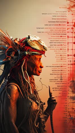 indigenous warrior and rugged traveler facing a vibrant abstract backdrop