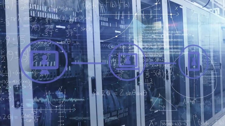 Animation of network of digital icons, data processing, mathematical equations against server room