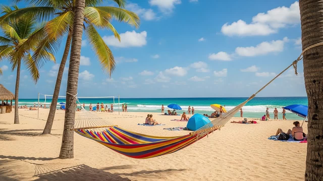 A Serene Coastal Retreat Featuring a Colorful Hammock Setup Amidst Palm Trees, Soft Sand, and Beachgoers Rejuvenating Under a Clear Sky