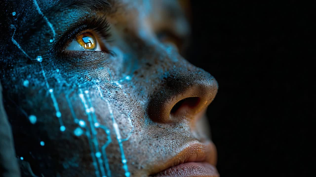 Un primo piano di un volto ornato con intricati motivi tecnologici, che mostra la fusione tra emozione umana e arte digitale, evidenziando l'intersezione tra umanità e tecnologia