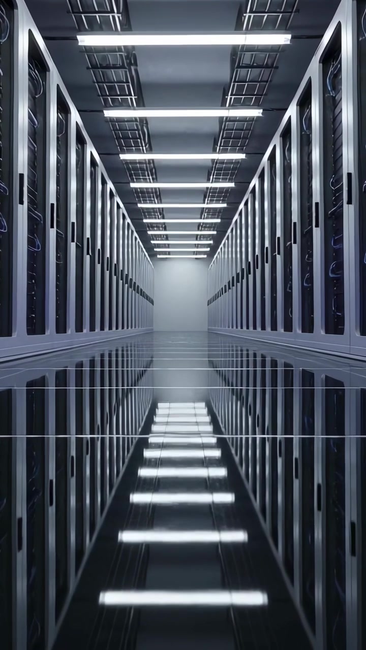Video verticale: Telecamera in movimento su dolly lungo un corridoio di server, che mostra LED e riflessi lucidi per la profondità.
