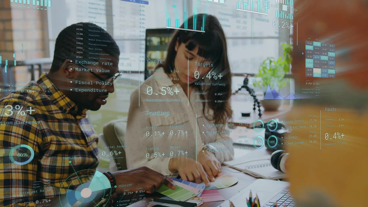 Focus shifting, man tapping tablet and woman aligning swatches, AR % charts reacting