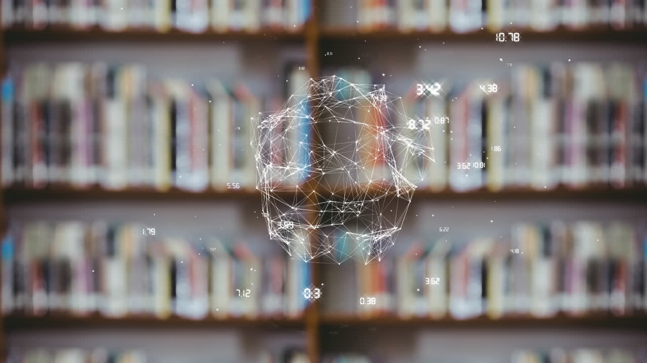 Animation of globe with network of connections over shelves with books in library