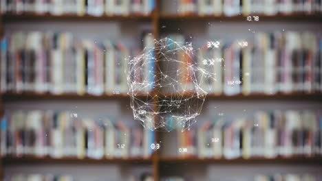 animación del globo con una red de conexiones sobre estantes con libros en la biblioteca