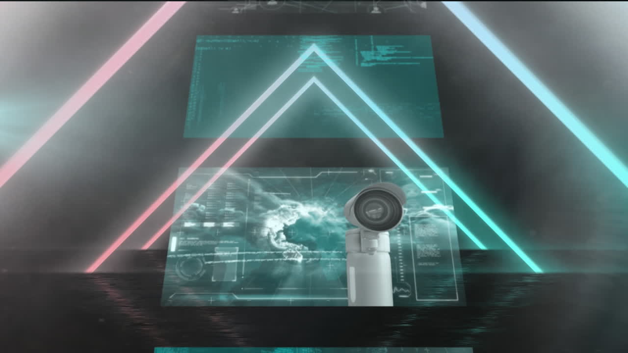 animación de triángulos de neón azul y rosa sobre el procesamiento de datos en cascada de pantallas de interfaz