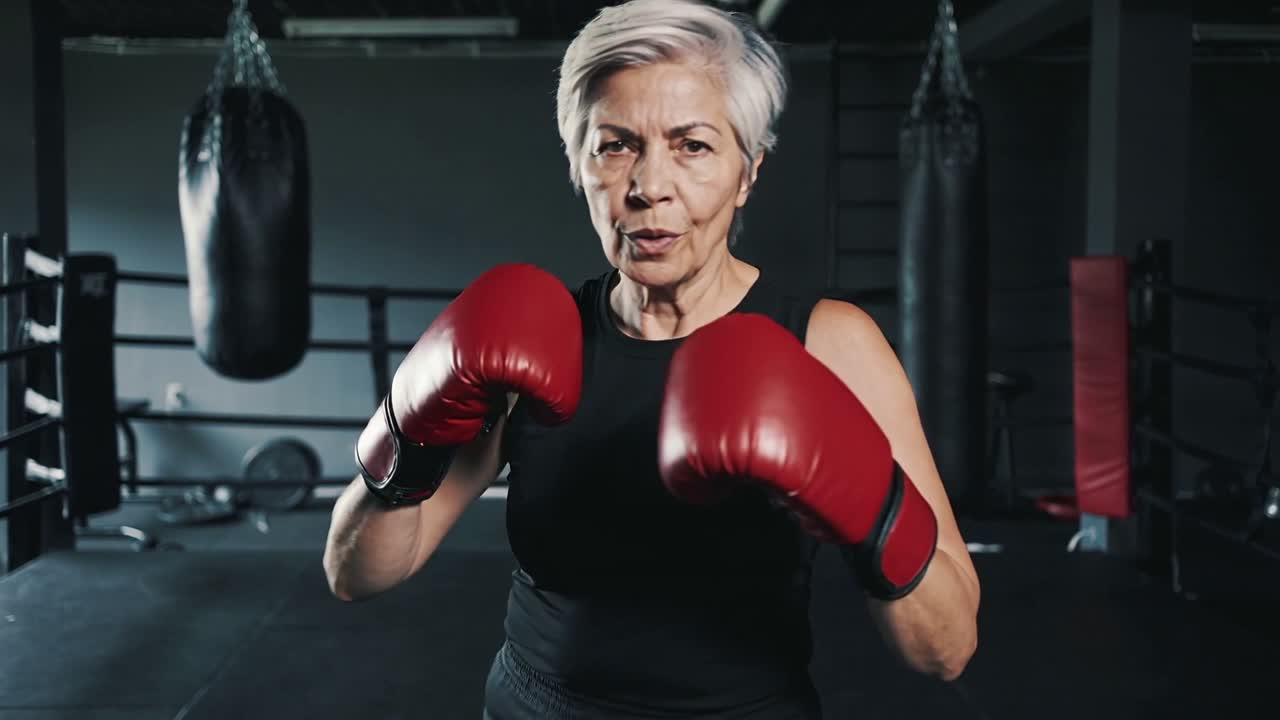 Pugile anziano che reagisce alla telecamera, si allena sul ring, sferra un jab verso la telecamera, vestito di nero con guanti rossi