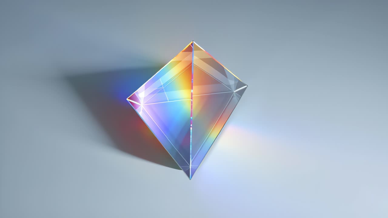 Filmato ravvicinato astratto di un cristallo piramidale di vetro trasparente che rifrange luce arcobaleno e proietta riflessi colorati e ombra su uno sfondo pulito e minimale.