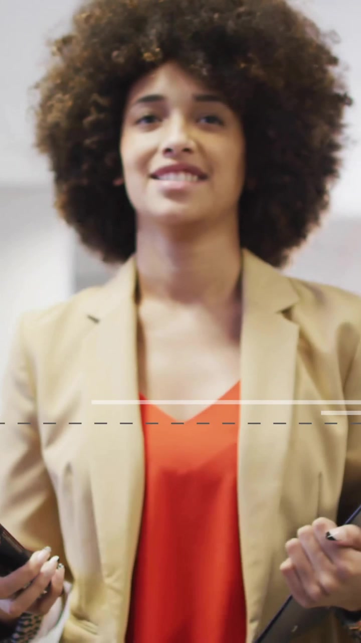 Animation of financial data processing over businesswoman in office
