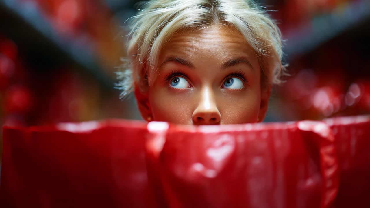 Intriguing Perspective: A Woman Amidst a Sea of Red – Her Curious Gaze Peeking Over a Bright Barrier, Capturing a Moment of Wonder and Reflection in a Colorful Space
