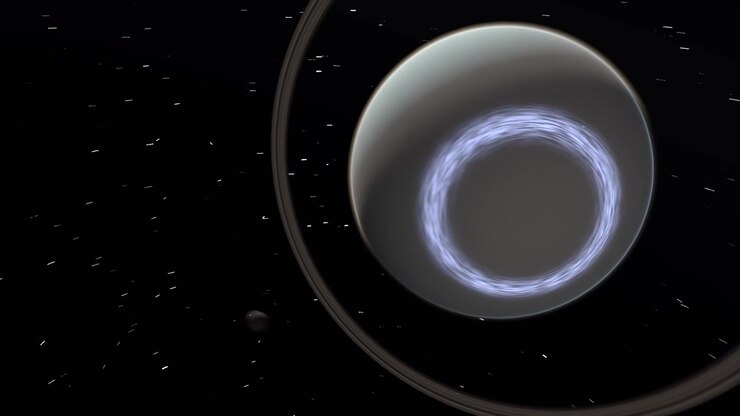 Kredsende kamera afslører cyan-ringet gasplanet i det dybe rum, med fokus på auroraring og tåge
