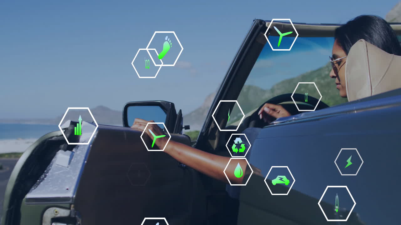 자동차를 운전하는 두 인종의 여성에 대한 생태 아이콘의 애니메이션