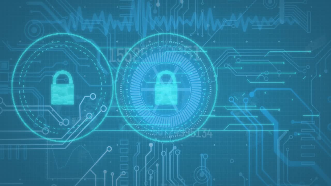 Animation of padlock icons and data processing computer circuit board