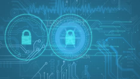 Animation-of-padlock-icons-and-data-processing-computer-circuit-board