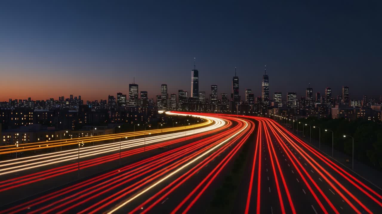 A Captivating Urban Nightscape: The Dynamic Flow of Light Trails Against a Stunning City Skyline at Dusk