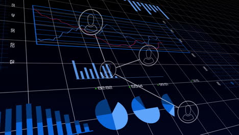displaying financial data analysis with graphs, charts, and network connections animation