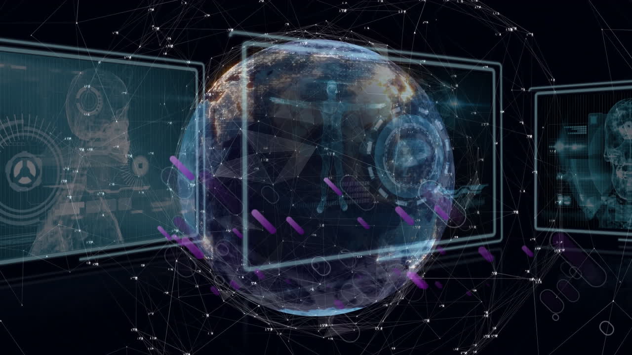 과학적 데이터와 함께 스크린 위에 회전하는 지구에 대한 보라색 모양의 애니메이션