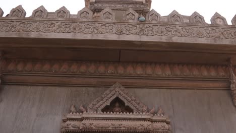 Detailed-carvings-on-the-Patuxai-Victory-Monument-in-the-center-of-Vientiane,-Laos